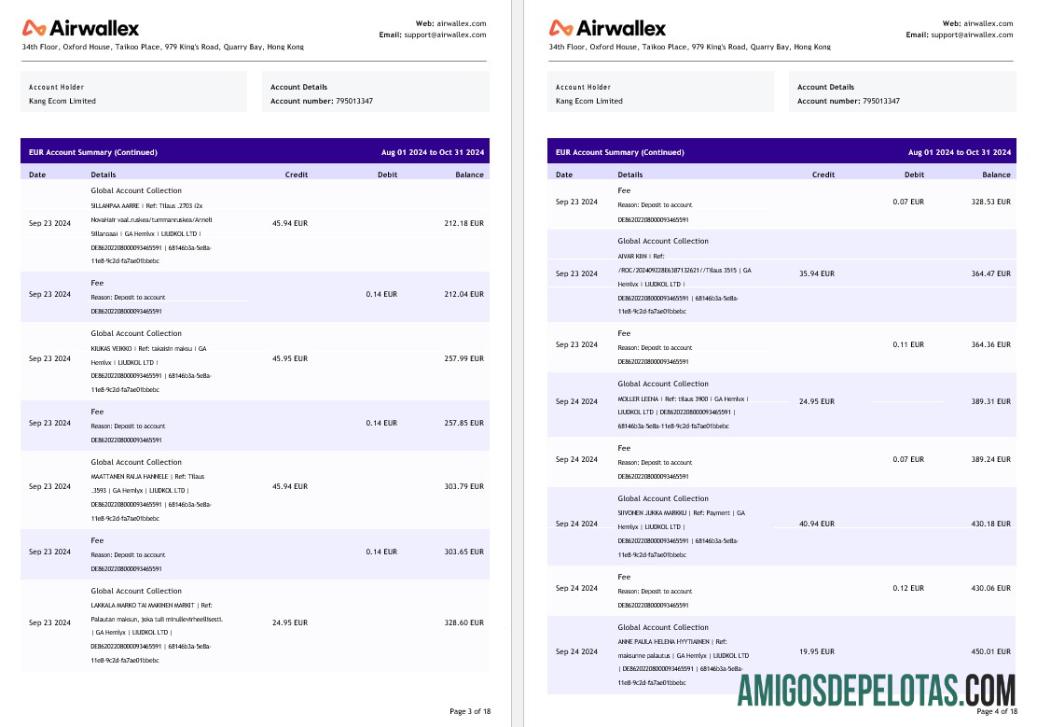 Extrato de conta Hong Kong Airwallex Limited, 18 páginas 2 amostra